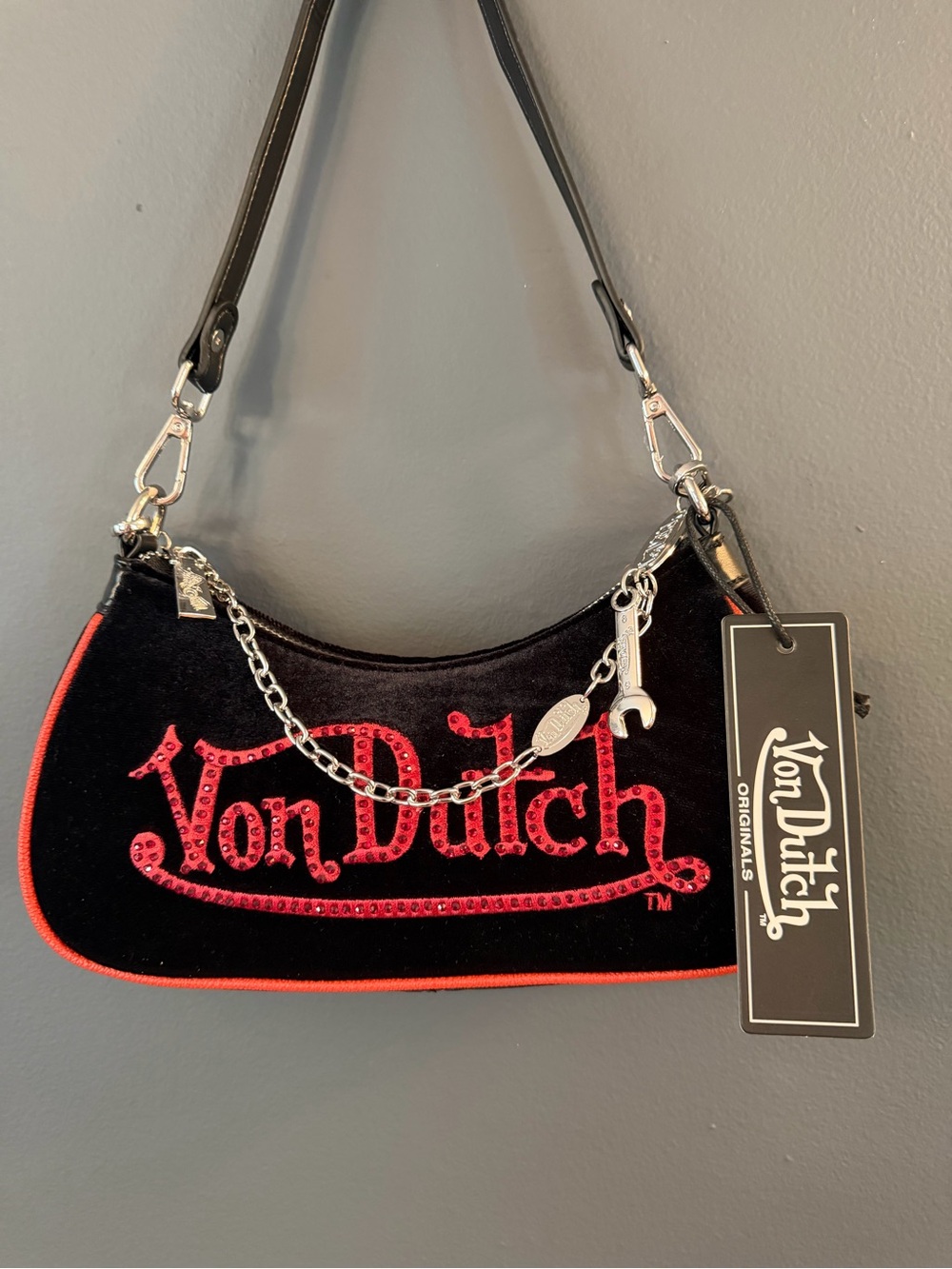 Von Dutch Black & Red Velvet Shoulder Bag